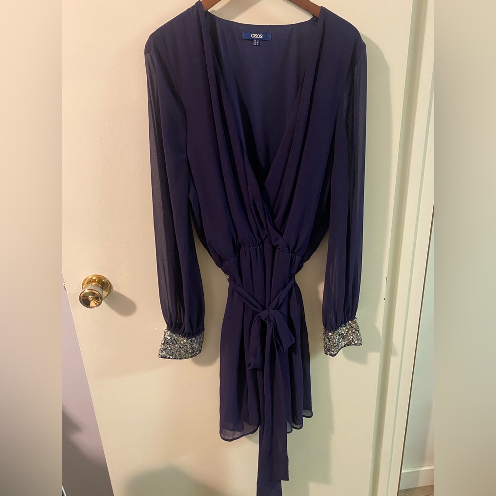 ASOS Deep Purple Wrap Dress with Silver Sequin Cuffs